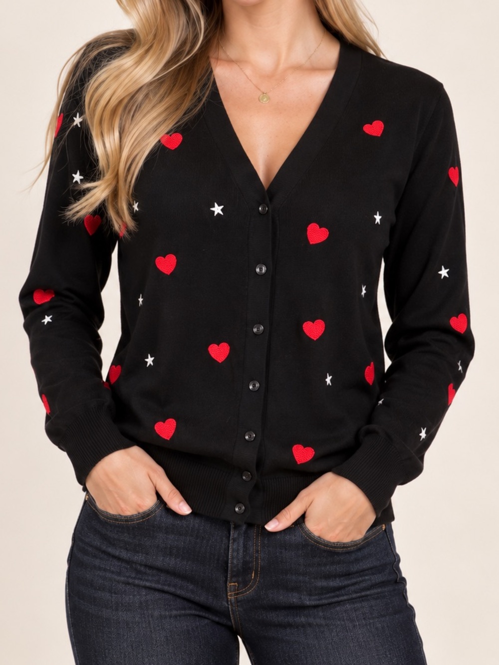 Grace Karin XL Black Heart & Star Cardigan Valentine Teacher Button Sweater